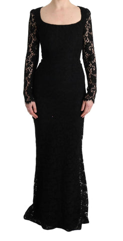 Abito lungo fodero in pizzo nero floreale Dolce & Gabbana - IT36-XS