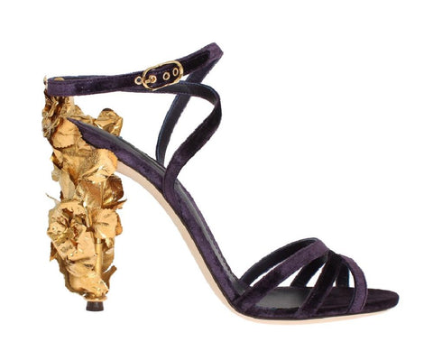 Scarpe sandalo Dolce&Gabbana in velluto a foglia oro viola-EU41-US10,5