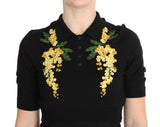 Polo cotone ricamato floreale in seta nera Dolce & Gabbana - IT36-XXS