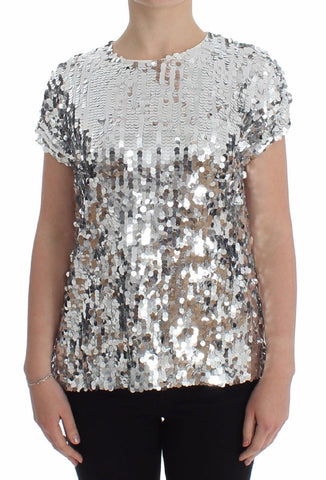 T-shirt con scollo a V argento con paillettes Dolce & Gabbana - IT42