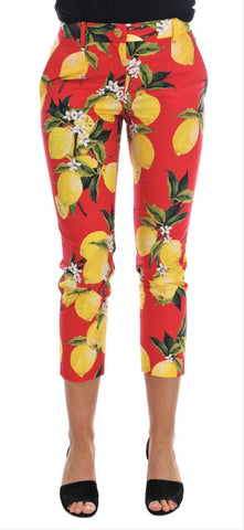 Pantaloni slim di cotone rosso stampa limoni di Capri Dolce&Gabbana-IT36-XS