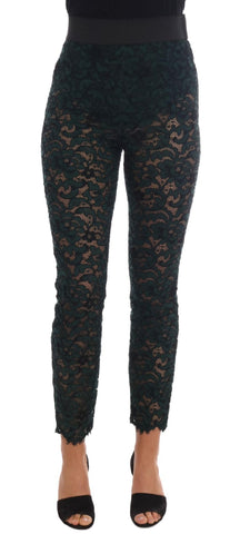 Pantaloni Leggings in pizzo floreale verde Dolce & Gabbana- IT42-M