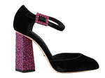 Dolce & Gabbana in velluto nero con cristalli rosa Mary Janes Shoes- eu37-us6.5