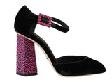 Dolce & Gabbana in velluto nero con cristalli rosa Mary Janes Shoes- eu37-us6.5