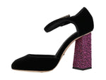 Dolce & Gabbana in velluto nero con cristalli rosa Mary Janes Shoes- eu37-us6.5