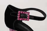 Dolce & Gabbana in velluto nero con cristalli rosa Mary Janes Shoes- eu37-us6.5