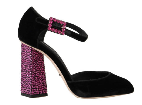 Dolce & Gabbana Black Velvet Pink Crystal Mary Janes Shoes- eu40-us9.5