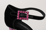 Dolce & Gabbana Black Velvet Pink Crystal Mary Janes Shoes- eu40-us9.5