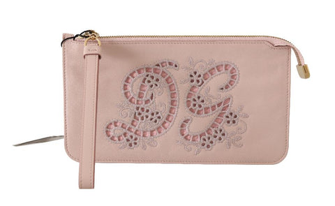 Portafoglio clutch da toilette con cerniera da polso in pelle rosa D&G