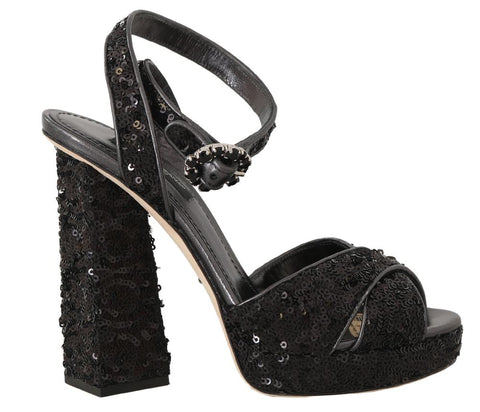 Sandali di cristallo con paillettes in pelle nera D&G-EU35/US4.5