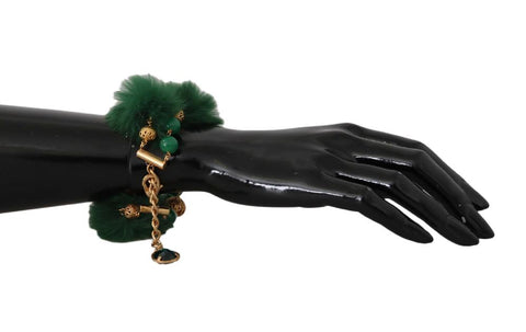 Bracciale D&G Catena Oro Ottone Verde Cristallo Charm Pelliccia - Verde