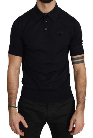 T-shirt polo con logo corona in cashmere blu - Dolce & Gabbana - IT44-XS