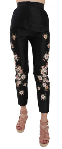 Pantaloni slim ricamati floreali in seta nera - D&G - IT40-S