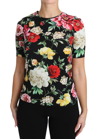 T-Shirt in seta con stampa floreale nera Top rosa - D&G - IT36-XXS