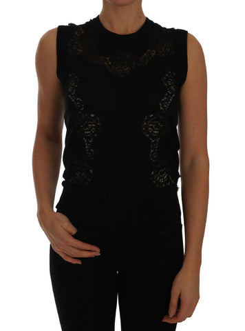 Top in maglia di seta nera Top con inserto in pizzo floreale Cashmere-D&G-IT40-S